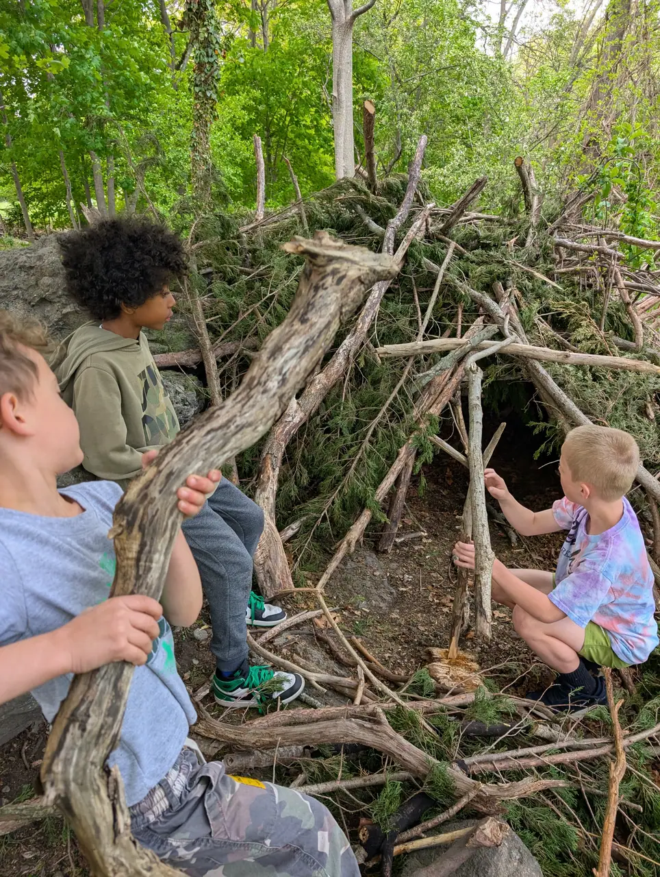 Kids lean long branches against a frame to build a shelter in the woods.